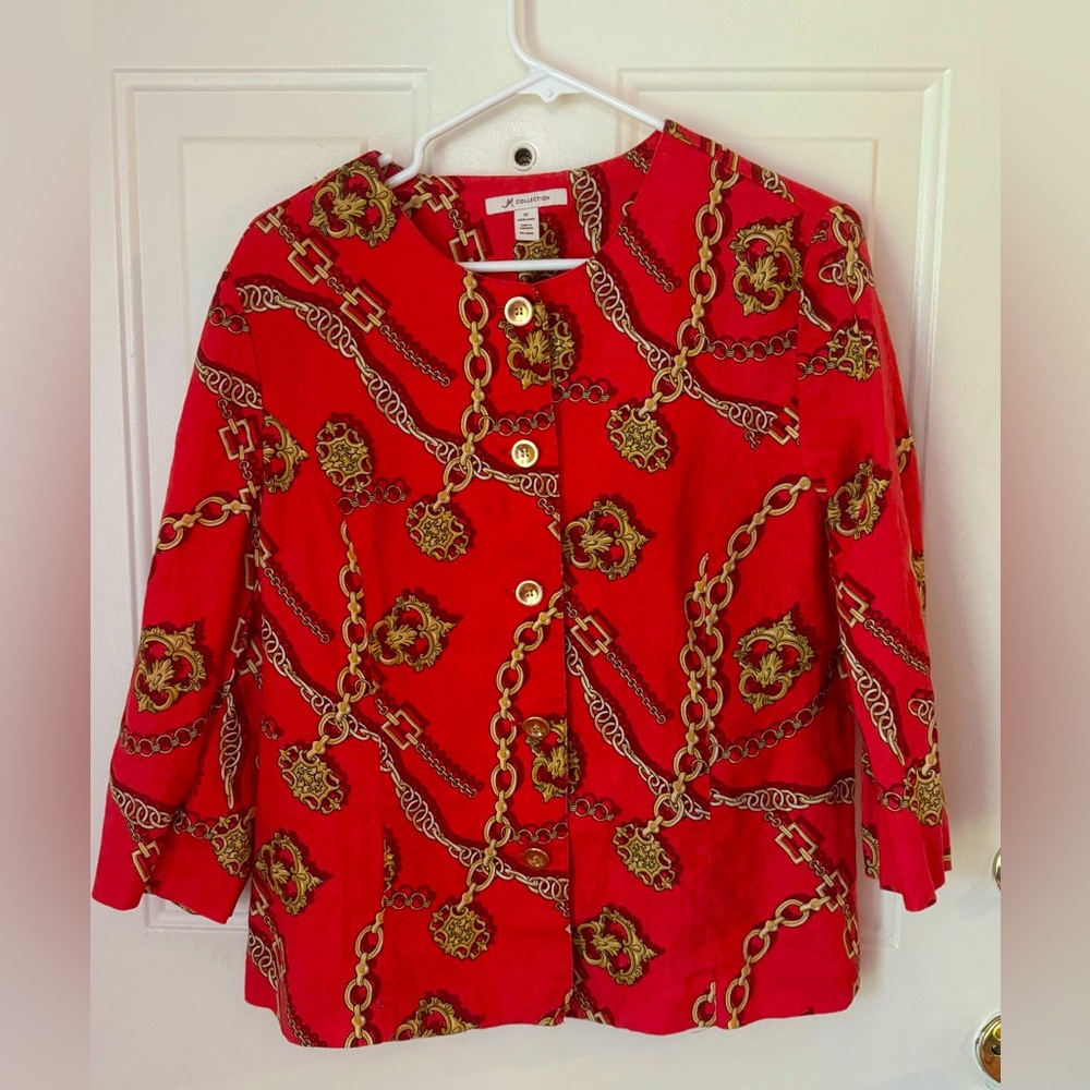 JM Collection Blazer size 12, red with Gokart key and chain print